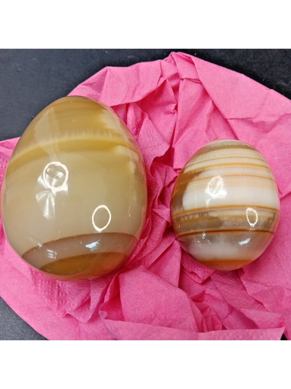 PAIR of Polished Banded Onyx Stone Egg or Paperweights 2.8in And 2in Healing